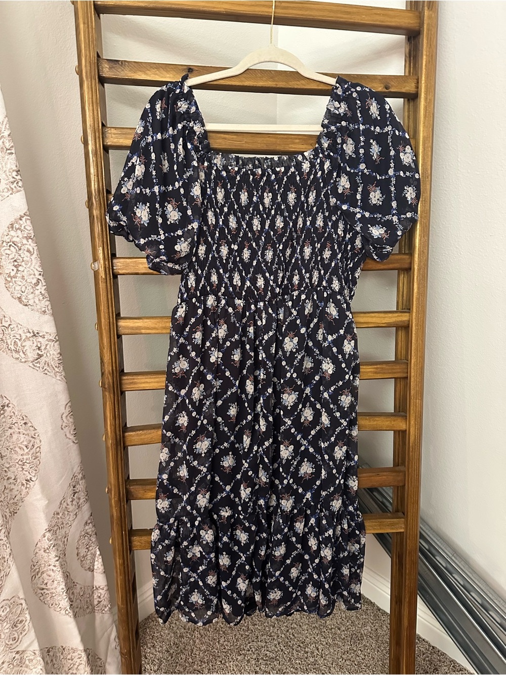 LC Lauren Conrad Navy Floral Smocked Midi with Puff Sleeves - Picture 3 of 3